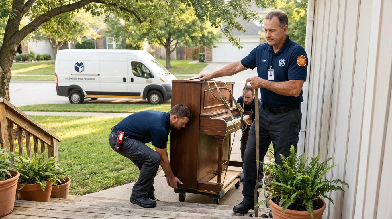 Licensed piano movers securing grand piano in Cordova, NC