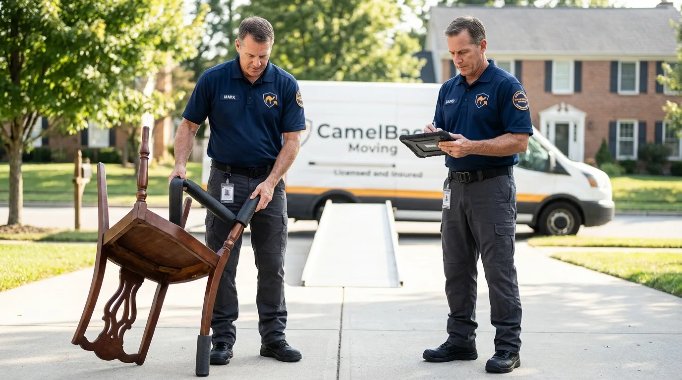 Movers inspecting furniture for damage prevention before loading in Cordova, NC