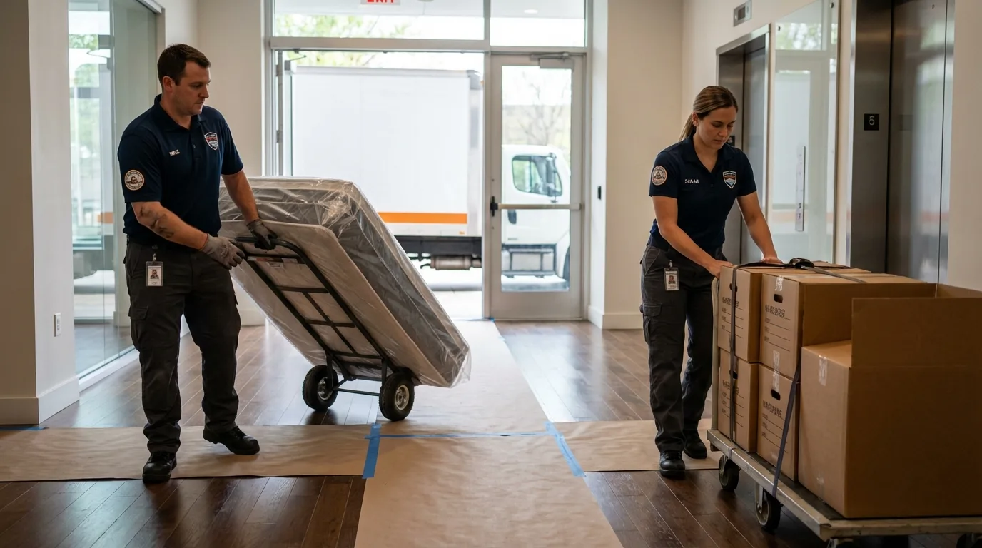 Professional apartment movers loading elevator in Cordova, NC