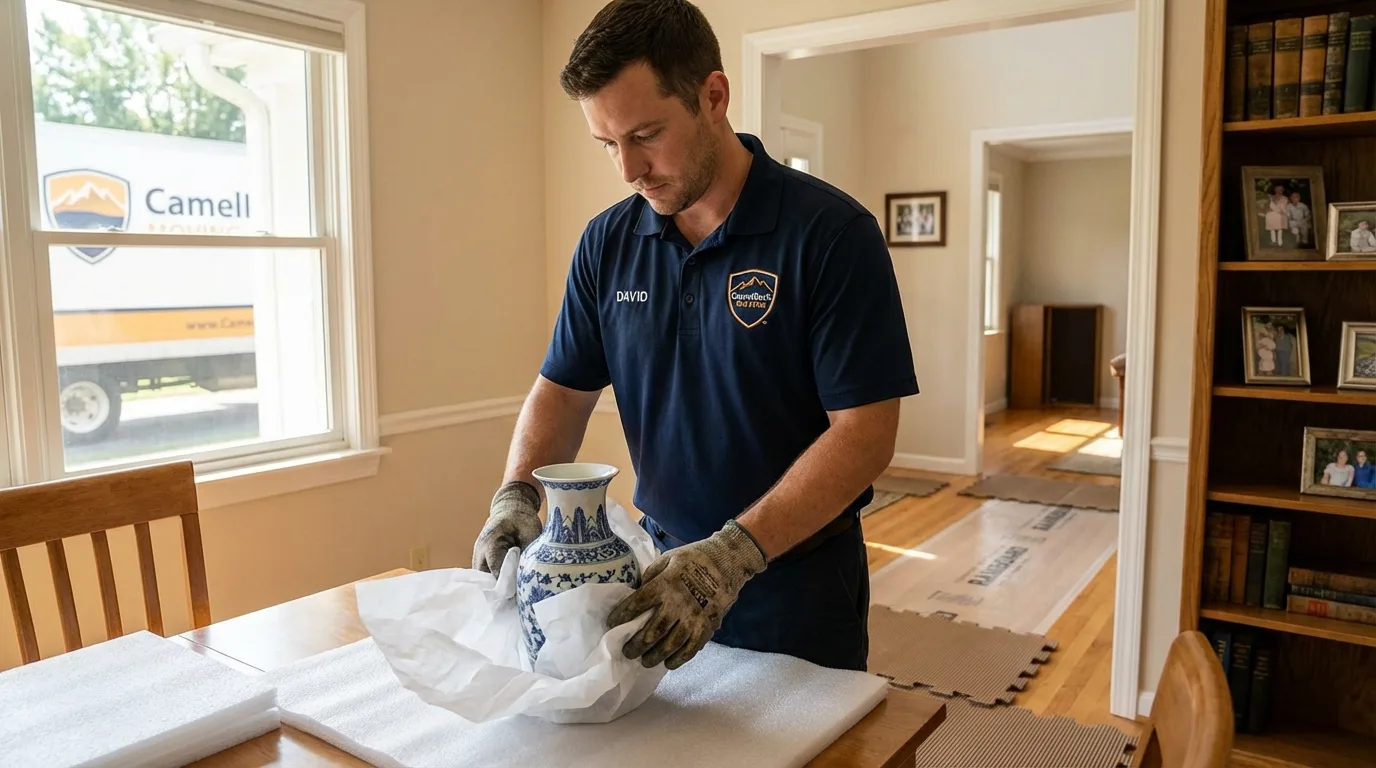Professional crew carefully wrapping antique vase for senior downsizing move in Cordova, NC